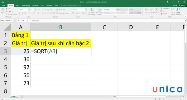 Nhập công thức SQRT vào ô B3