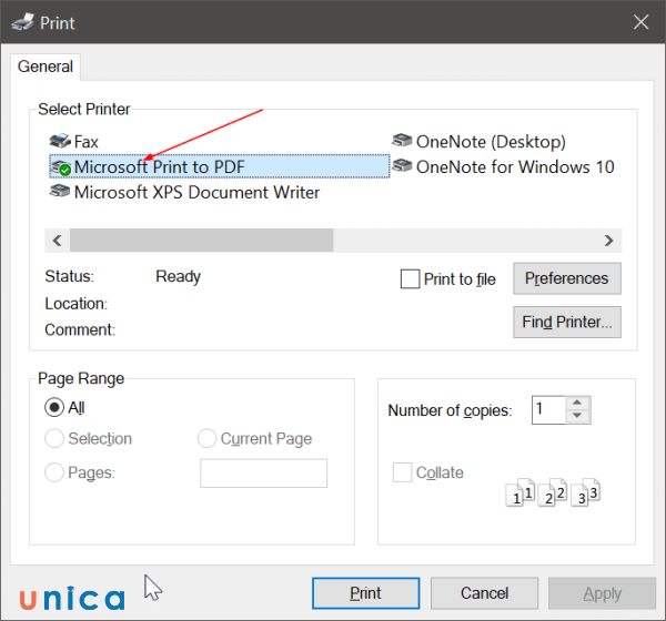 Chọn Microsoft Print to PDF