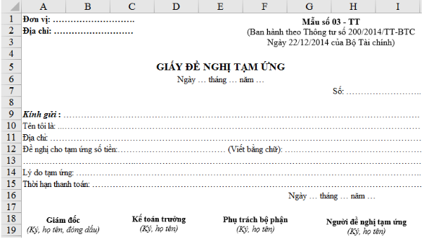 Giấy đề nghị tạm ứng theo thông tư 200