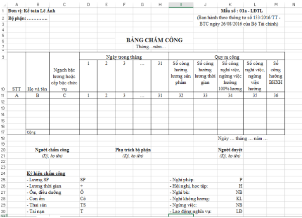 Mẫu bảng chấm công theo thông tư 133