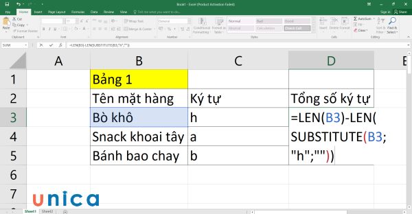 Nhập công thức Len và SUBSTITUTE vào D3