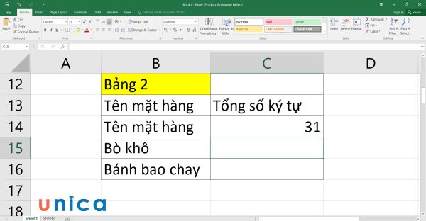 Tổng số ký tự trong bảng 2 là 31