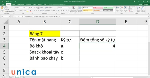 Tổng số ký tự a có trong bảng 7 là 4 