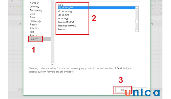 Chọn định dạng Custom để định dạng theo mong muốn