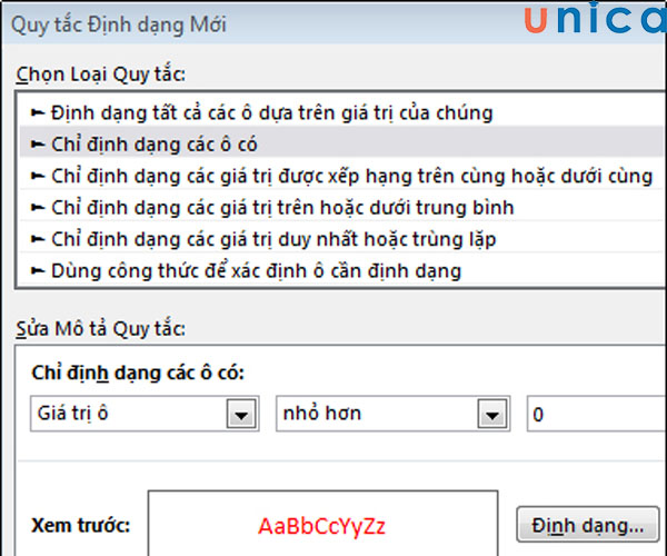 Ví dụ quy tắc định dạng có điều kiện