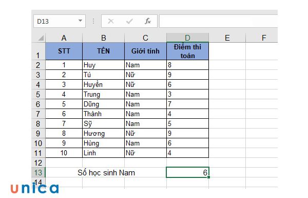 Dùng hàm count để thống kê dữ liệu về số