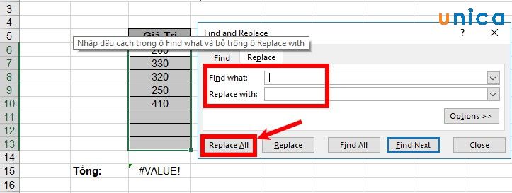 Chọn Replace All để loại bỏ tất cả các khoảng trắng