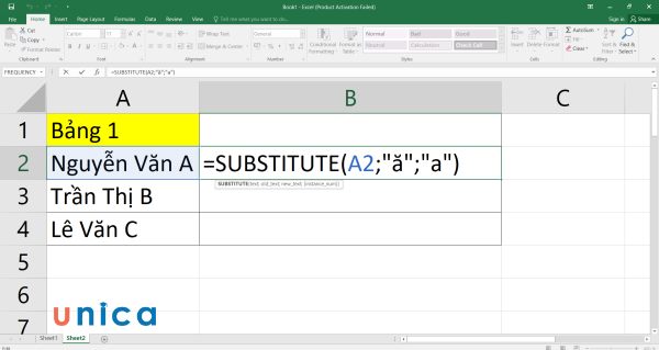Nhập công thức SUBSTITUTE vào ô B2