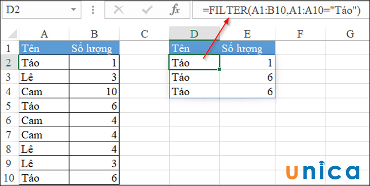 Sử dụng hàm Filter trong Excel