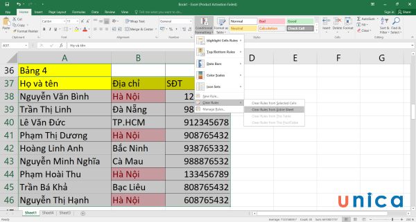 Chọn clear rules entire sheet