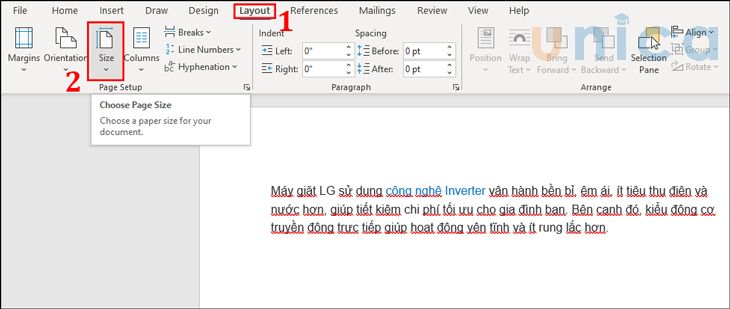 Chọn Size để căn lề chuẩn cho văn bản