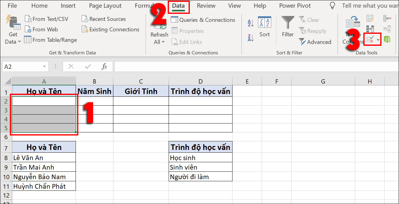 Chọn Data Validation