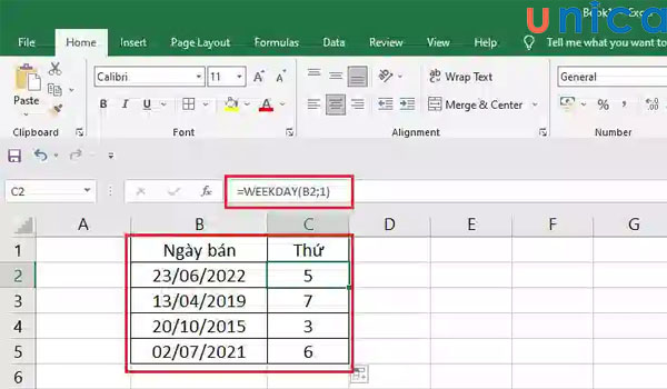 Ví dụ công thức hàm WEEKDAY