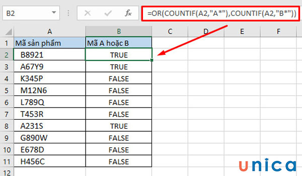 Kết quả nhận được khi dùng hàm OR kết hợp COUNTIF so sánh ký tự