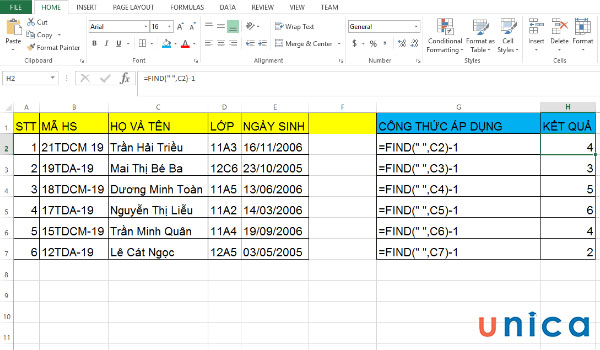 Công thức sử dụng trong bảng