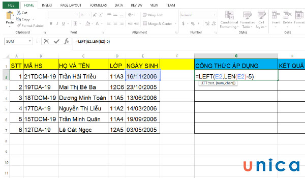 Công thức hàm LEN và LEFT áp dụng
