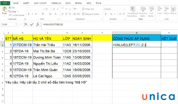 Nhập công thức hàm VALUE