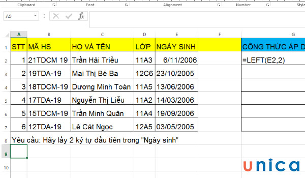 Bảng yêu cầu lấy 2 ký tự trong ngày sinh