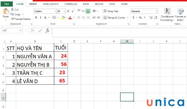 Ví dụ lỗi căn giữa trong excel