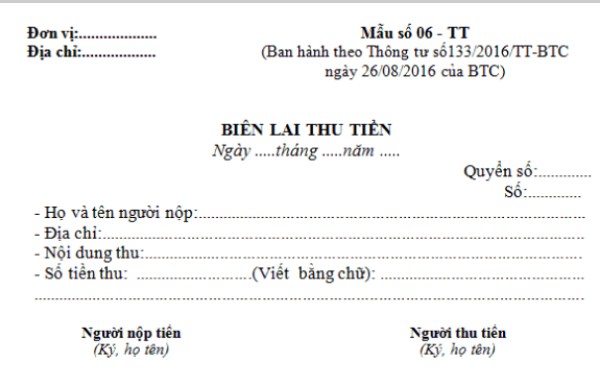 Mẫu biên lai thu tiền theo thông tư 133