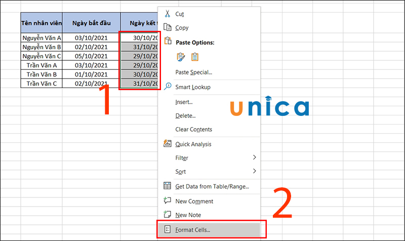 Quét dữ liệu và chọn Format Cells