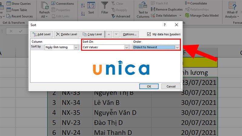 Thao tác sắp xếp ngày tháng trong excel