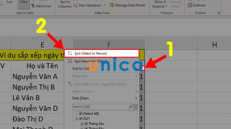 Cách sắp xếp ngày tháng trong excel