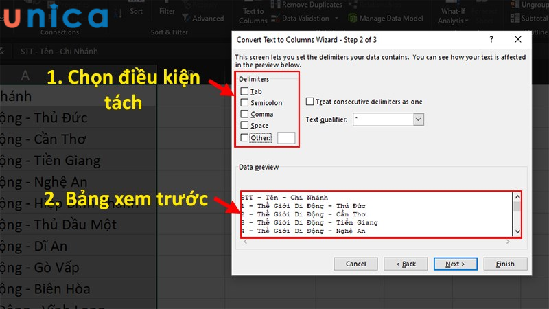 Tích để chọn điều kiện chia cột trong hộp thoại Delimiters