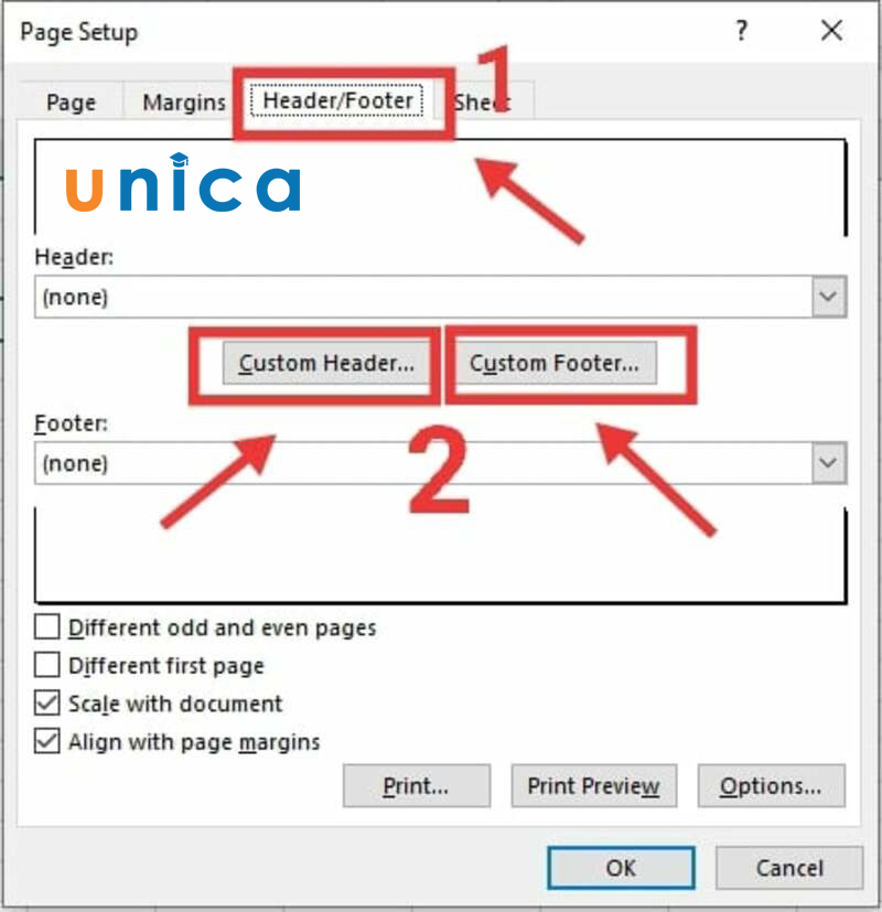 Chọn thẻ Header/Footer trong mục Page Setup
