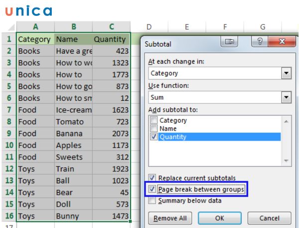 Tách trang trong excel bằng subtotal