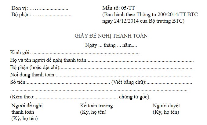  Mẫu giấy đề nghị thanh toán ban hành kèm theo Thông tư 200/2014/TT-BTC