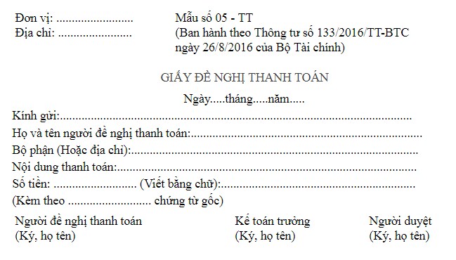 Mẫu giấy đề nghị thanh toán ban hành kèm theo Thông tư 133/2016/TT-BTC