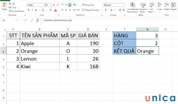 Kết quả dùng hàm INDIRECT