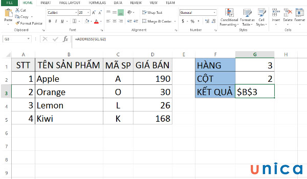 Kết quả dùng hàm ADDRESS