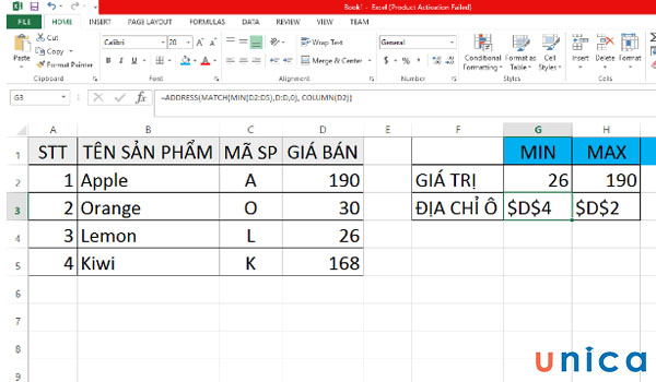 Sử dụng hàm ADDRESS kết hợp với hàm MATCH