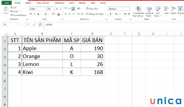 Ví dụ cách nhận một chữ cái từ một số cột