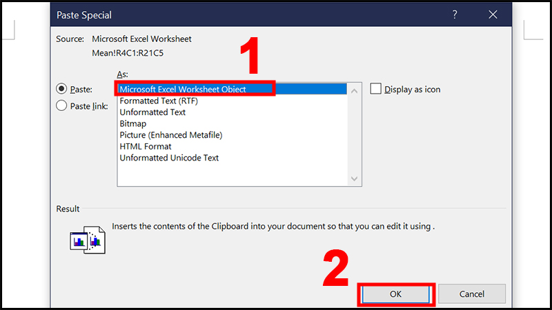 Chọn Microsoft Excel Worksheet Object