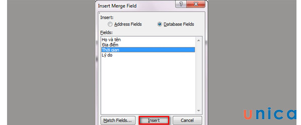 Hộp thoại Insert Merge Field hiện ra