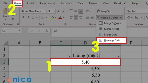Unmerge Cells để bỏ ghép ô