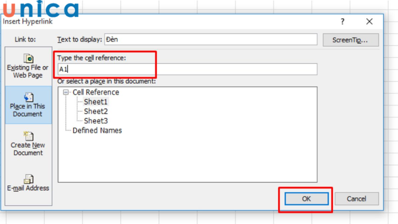 Nhập ô chứa liên kết cuối cùng tại mục Type the cell reference 