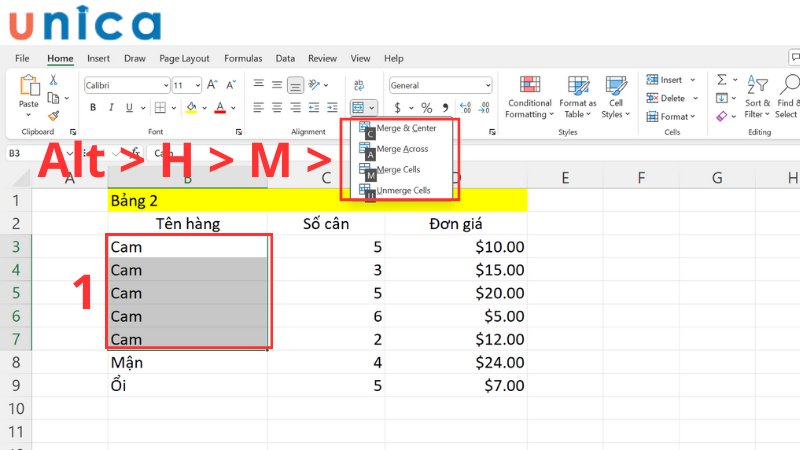 Sử dụng lần lượt Alt > H > M và phím C/A/M/U để thực hiện chức năng gộp