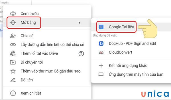 Chọn mở bằng google tài liệu