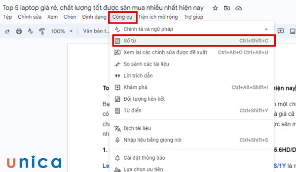 Thao tác đếm số từ trong word