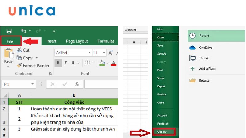 Mở file Excel lựa chọn File rồi mở mục Options