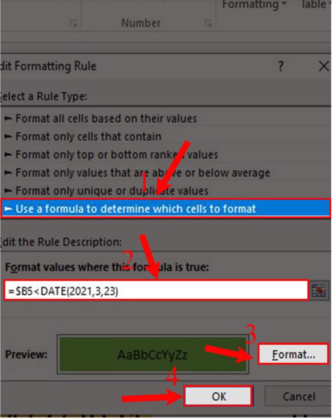 Nhập công thức hàm ở mục Format values where this formula is true