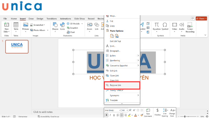 Chọn Remove Link để loại bỏ link trong văn bản