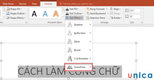 Chọn Transform để làm chữ cong