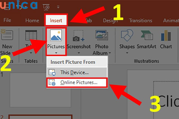 Chọn Online Pictures để chèn ảnh vào PowerPoint