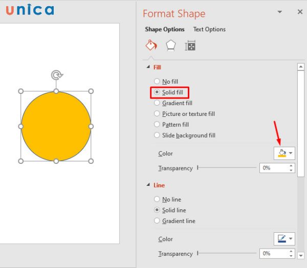 Chọn màu nền cho hình tròn theo ý thích ở mục Solid fill