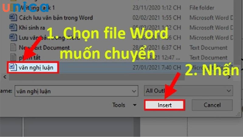 Bạn ấn Insert để chèn nội dung từ Word sang slide PowerPoint.